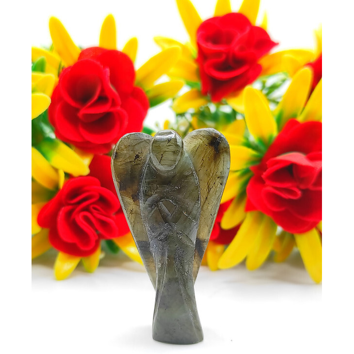 Labradorite Carved Yellow Jade Gemstone Peace Angel Pocket Guardian Angel healing Statue 2 Inch