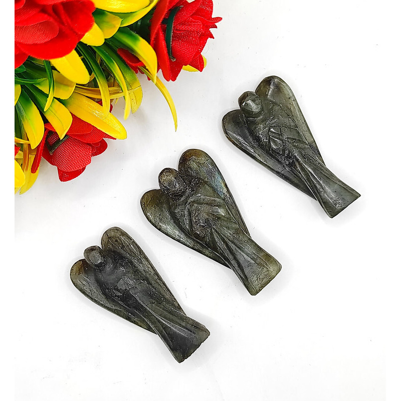 Labradorite Carved Yellow Jade Gemstone Peace Angel Pocket Guardian Angel healing Statue 2 Inch