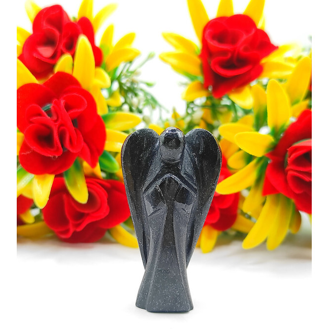 Black Tourmaline Carved Yellow Jade Gemstone Peace Angel Pocket Guardian Angel healing Statue 2 Inch