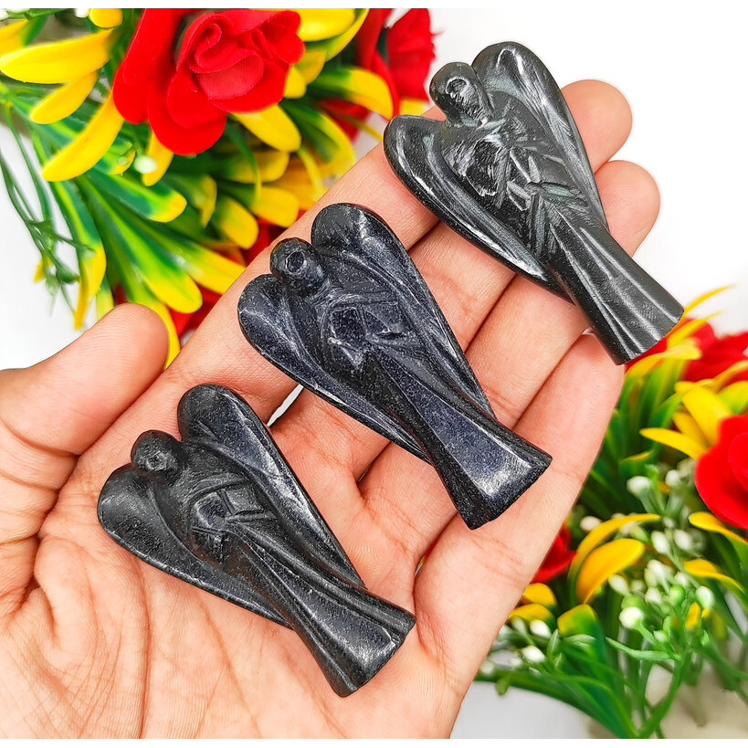 Black Tourmaline Carved Yellow Jade Gemstone Peace Angel Pocket Guardian Angel healing Statue 2 Inch