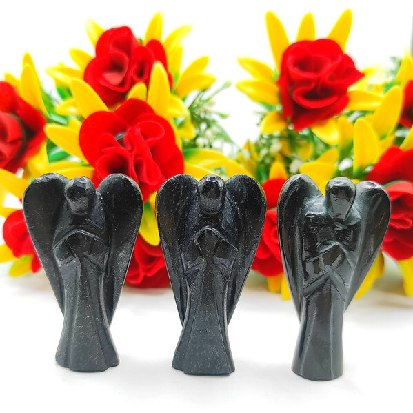 Black Tourmaline Carved Yellow Jade Gemstone Peace Angel Pocket Guardian Angel healing Statue 2 Inch