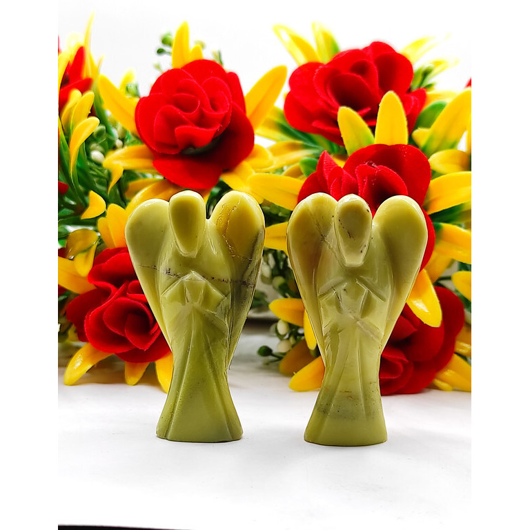 Serpentine Carved Yellow Jade Gemstone Peace Angel Pocket Guardian Angel healing Statue 2 Inch