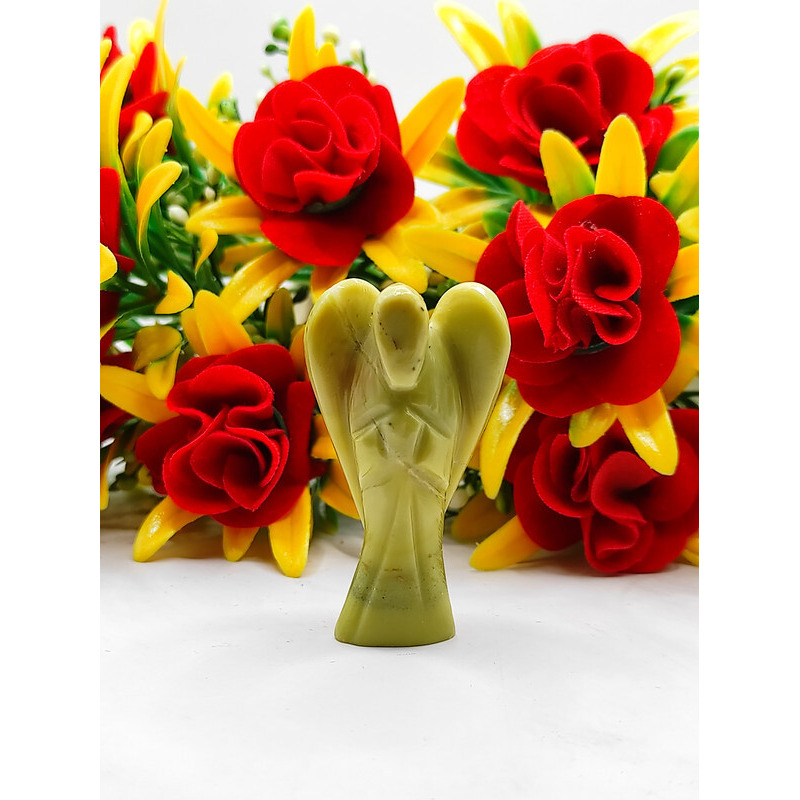 Serpentine Carved Yellow Jade Gemstone Peace Angel Pocket Guardian Angel healing Statue 2 Inch