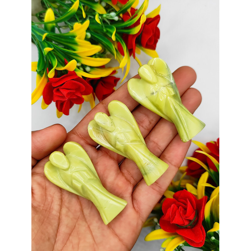 Serpentine Carved Yellow Jade Gemstone Peace Angel Pocket Guardian Angel healing Statue 2 Inch