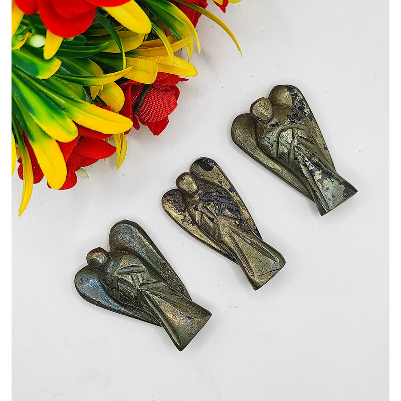 Pyrite Carved Yellow Jade Gemstone Peace Angel Pocket Guardian Angel healing Statue 2 Inch