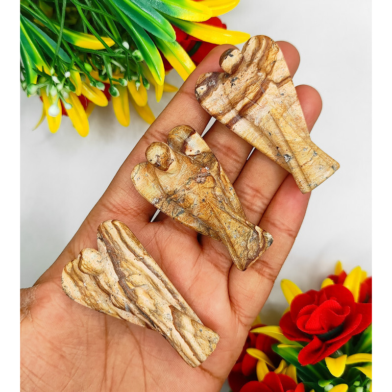 Cobra Jasper Carved Yellow Jade Gemstone Peace Angel Pocket Guardian Angel healing Statue 2 Inch