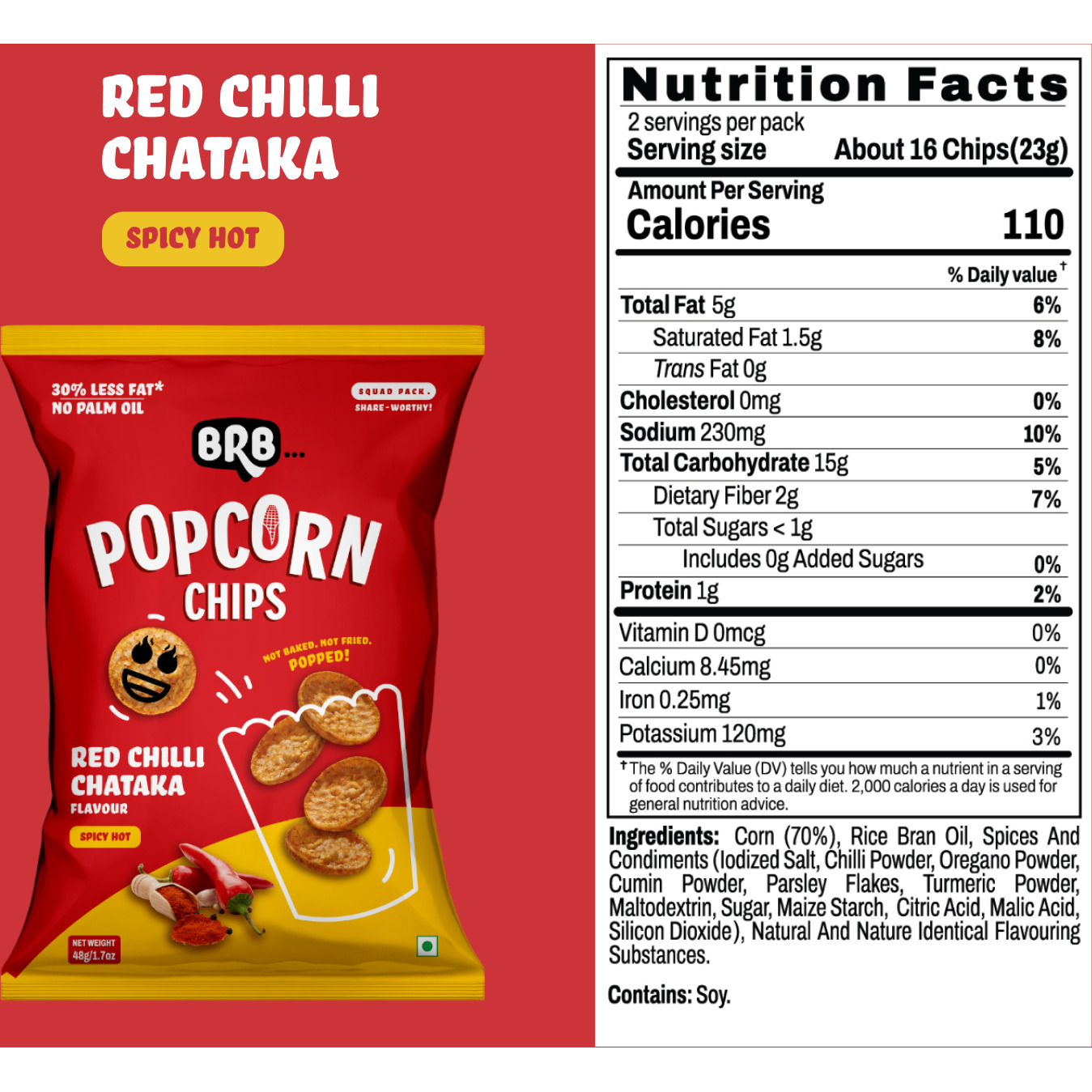 BRB Corn Popped Chips | Achaari Mirch - Flavour | Not Fried. Not Baked | 30% Less Oil, No Palm Oil, Healthy Snack | 5 x 48g Pack