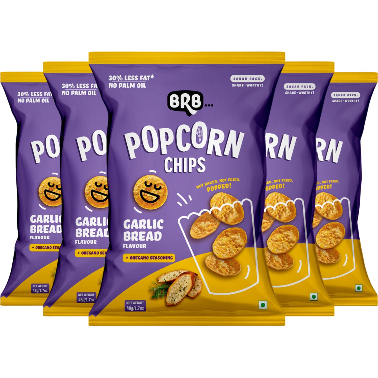 BRB Corn Popped Chips | Garlic Bread Flavour | Not Fried, Not Baked | 30% Less Oil, No Palm Oil, Healthy Snack | 5 x 48g Pack