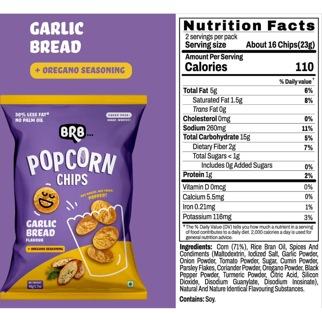 BRB Corn Popped Chips | Garlic Bread Flavour | Not Fried, Not Baked | 30% Less Oil, No Palm Oil, Healthy Snack | 5 x 48g Pack