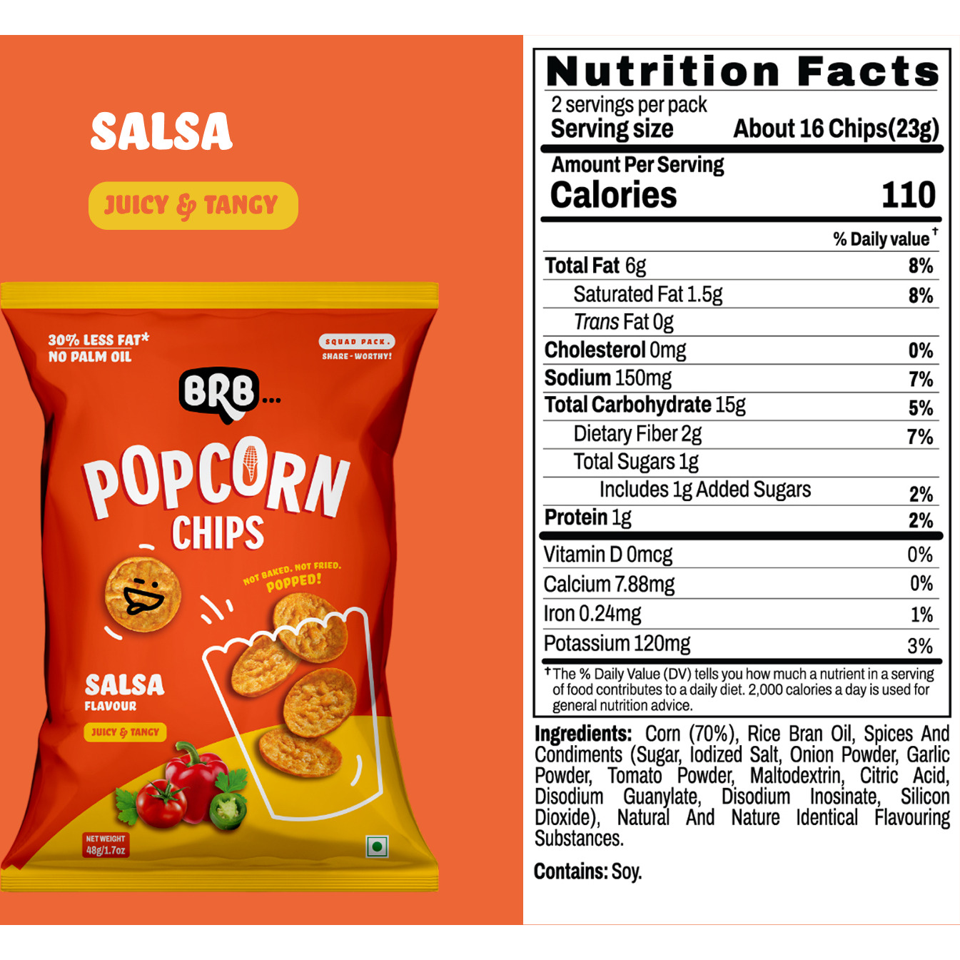 BRB Corn Popped Chips | Salsa - Flavour | Not Fried. Not Baked | 30% Less Oil, No Palm Oil, Healthy Snack | 5 x 48g Pack
