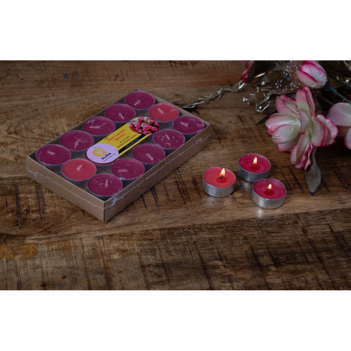 Aura Home Fragrances Wax Scented Tealight Candles Set,30 Pcs Red-Garden Berries Botonica Aroma Candles Candle (Pink, Pack of 30)