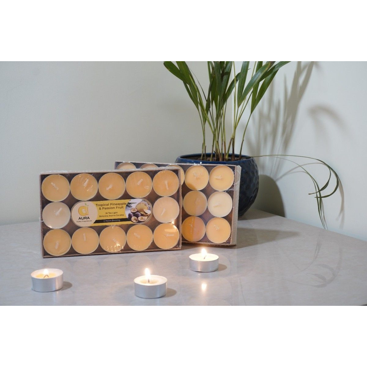Aura Home Fragrances Wax Scented Tealight Candles Set,30 Pcs Tropical Pineapple & Passion Fruit Botonica Aroma Candles. Candle (Yellow, Pack of 30)