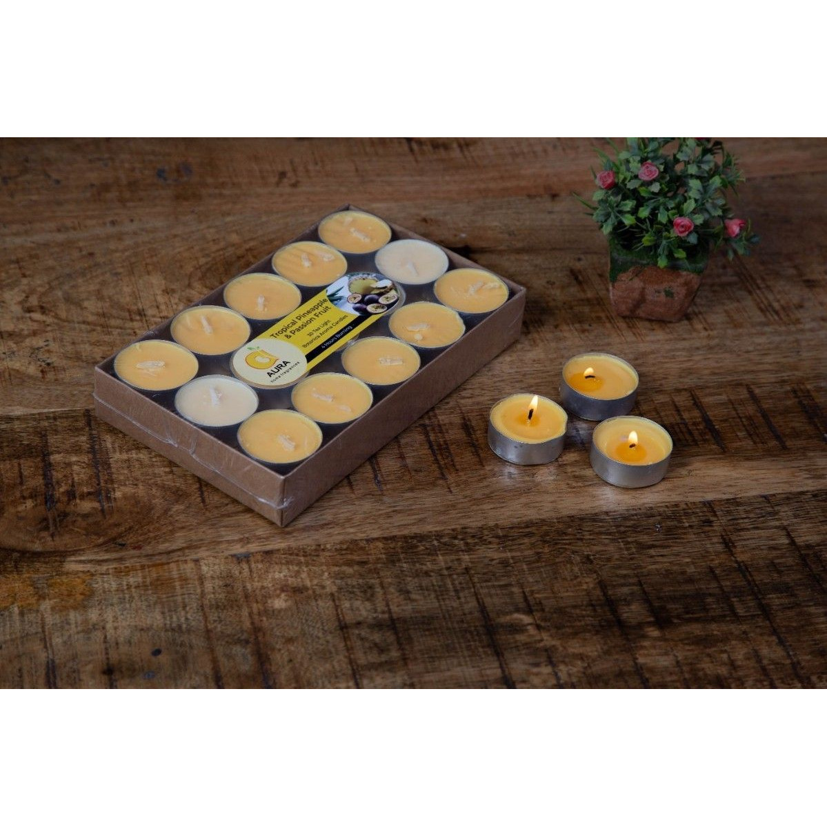 Aura Home Fragrances Wax Scented Tealight Candles Set,30 Pcs Tropical Pineapple & Passion Fruit Botonica Aroma Candles. Candle (Yellow, Pack of 30)