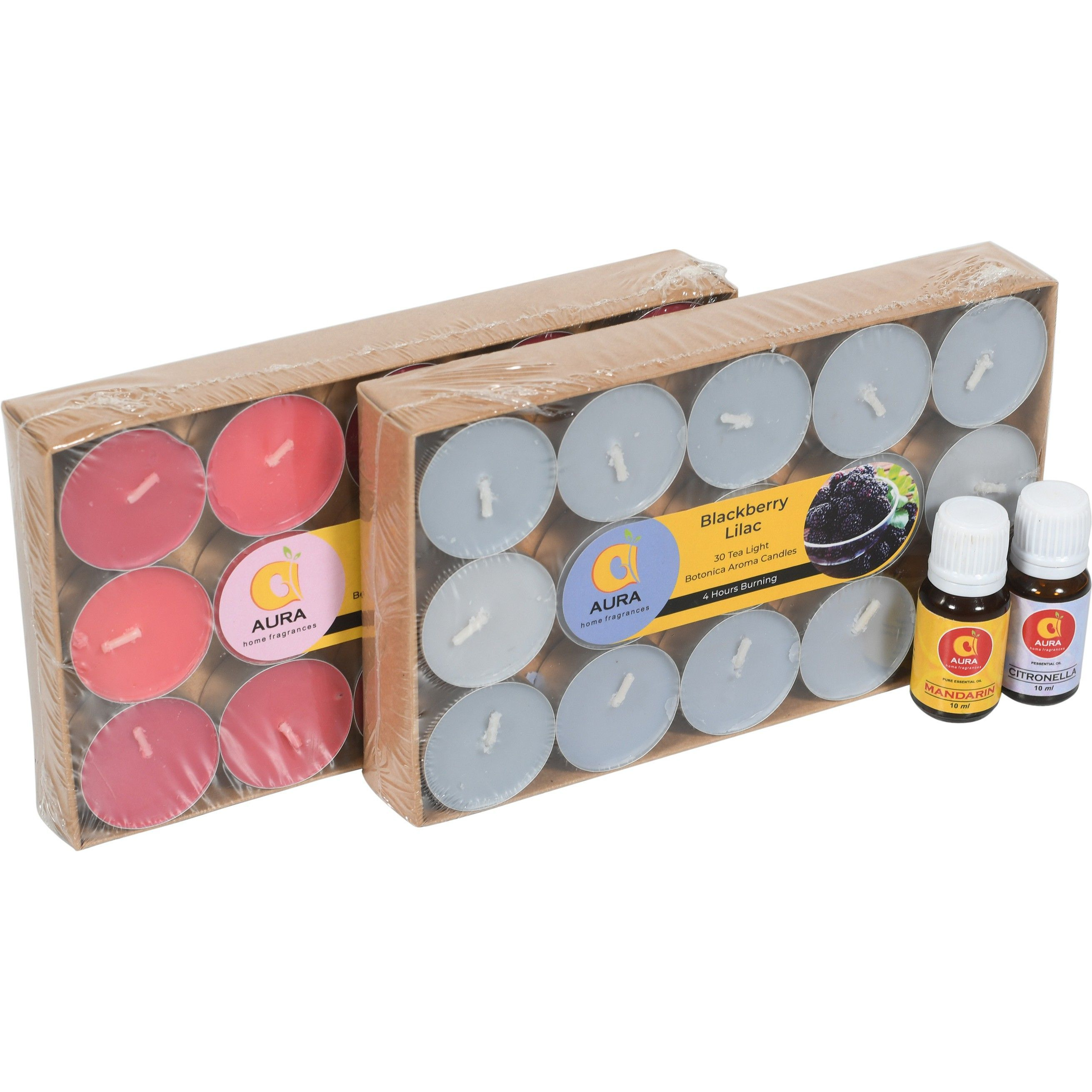 Aura Home Fragrances Tea Light Candle Smokeless Candles for Aromatherapy - Pack of 30 (Blackberry) With 2 Essential oil (Mandarin & citronella -10 ML) Candle (Multicolor, Pack of 30)