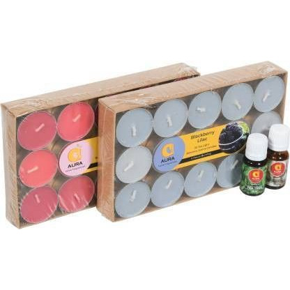 Aura Home Fragrances Tea Light Candle Smokeless Candles for Aromatherapy - Pack of 30 (Blackberry) With 2 Essential oil (Teatree & Kapoor kachri -10 ML) Candle (Multicolor, Pack of 30)