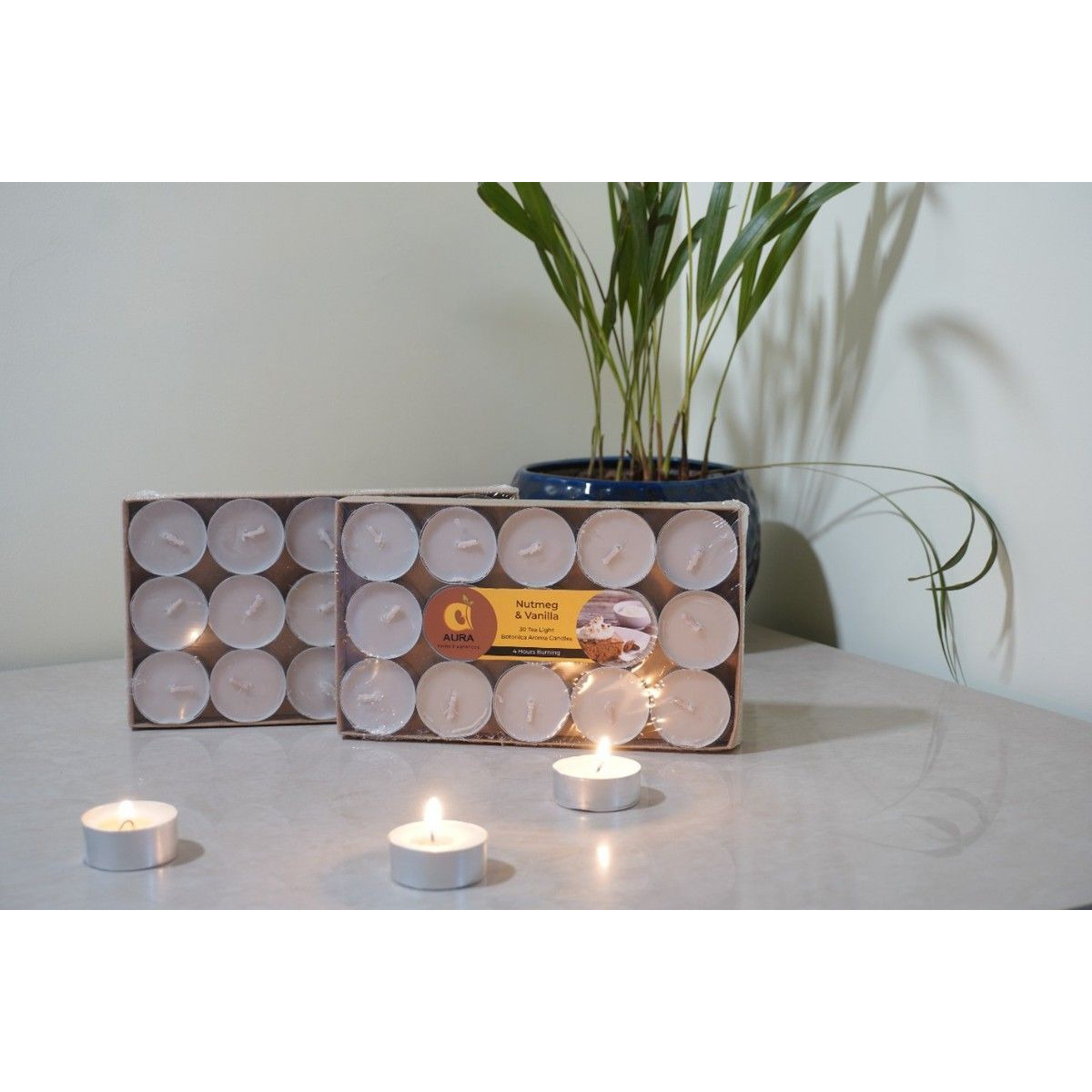 Aura Home Fragrances Wax Scented Tealight Candles Set,30 Pcs ,NutMeg & Vanilla Botonica Aroma Candles Candle (White, Pack of 30)