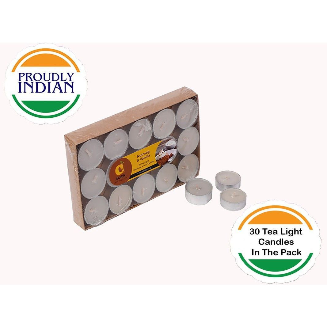 Aura Home Fragrances Wax Scented Tealight Candles Set,30 Pcs ,NutMeg & Vanilla Botonica Aroma Candles Candle (White, Pack of 30)