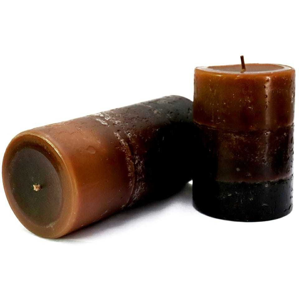 SHREE NATH DYE CHEM AURA Tritone Aroma Round Pillar Candle Richly Sandalwood Scented Pillar Candle Set of 2 Units - 2.8 X 4 (1) &Amp 2.8 X 6 (1) Candle (Brown, Pack of 2)