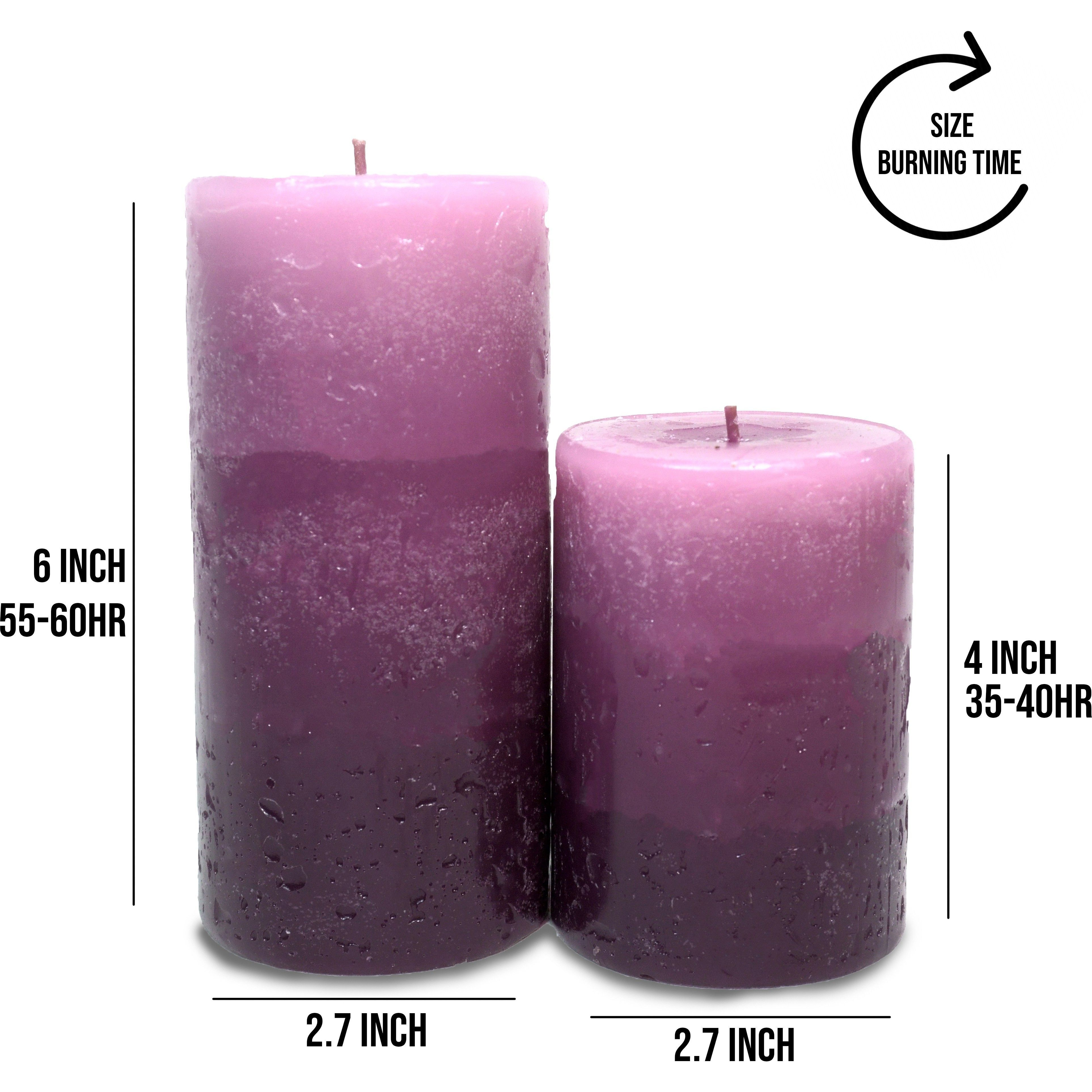 SHREE NATH DYE CHEM AURA Tritone Aroma Round Pillar Candle Richly Lavender Scented Pillar Candle Set of 2 Units - 2.8 X 4 (1) &Amp 2.8 X 6 (1) Candle (Purple, Pack of 2)