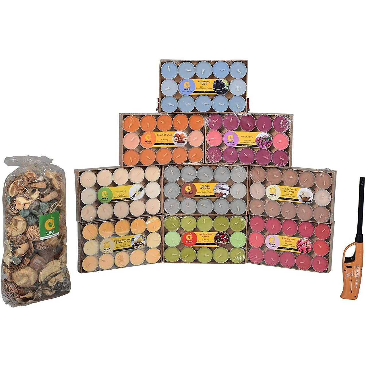 Aura Home Fragrances Botanica Natural Fragranced Tea Light Candle Smokeless Colored Soy Wax Candles for Aromatherapy with Free Lighter & Potpourri Pack of 270 Candle (Multicolor, Pack of 270)