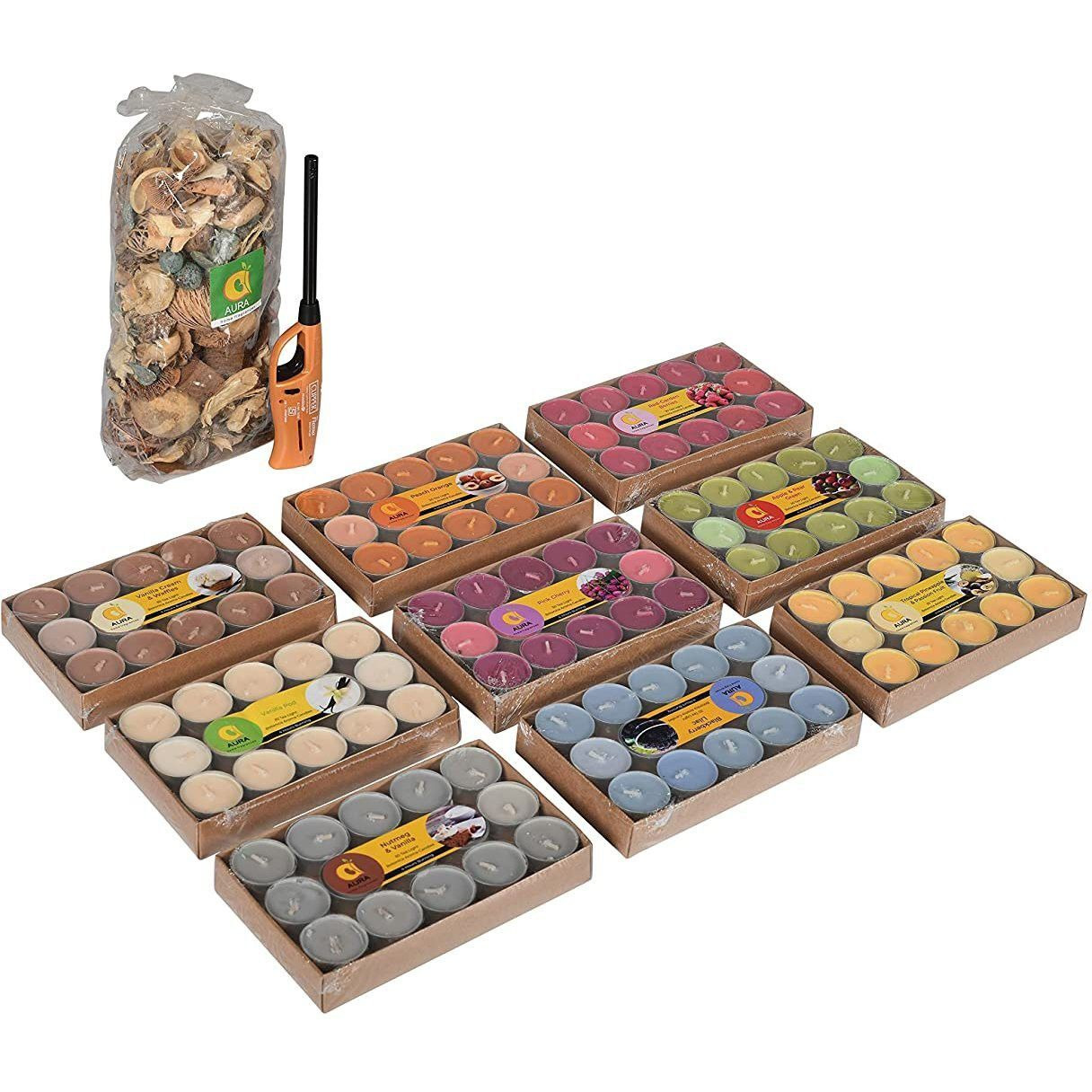 Aura Home Fragrances Botanica Natural Fragranced Tea Light Candle Smokeless Colored Soy Wax Candles for Aromatherapy with Free Lighter & Potpourri Pack of 270 Candle (Multicolor, Pack of 270)