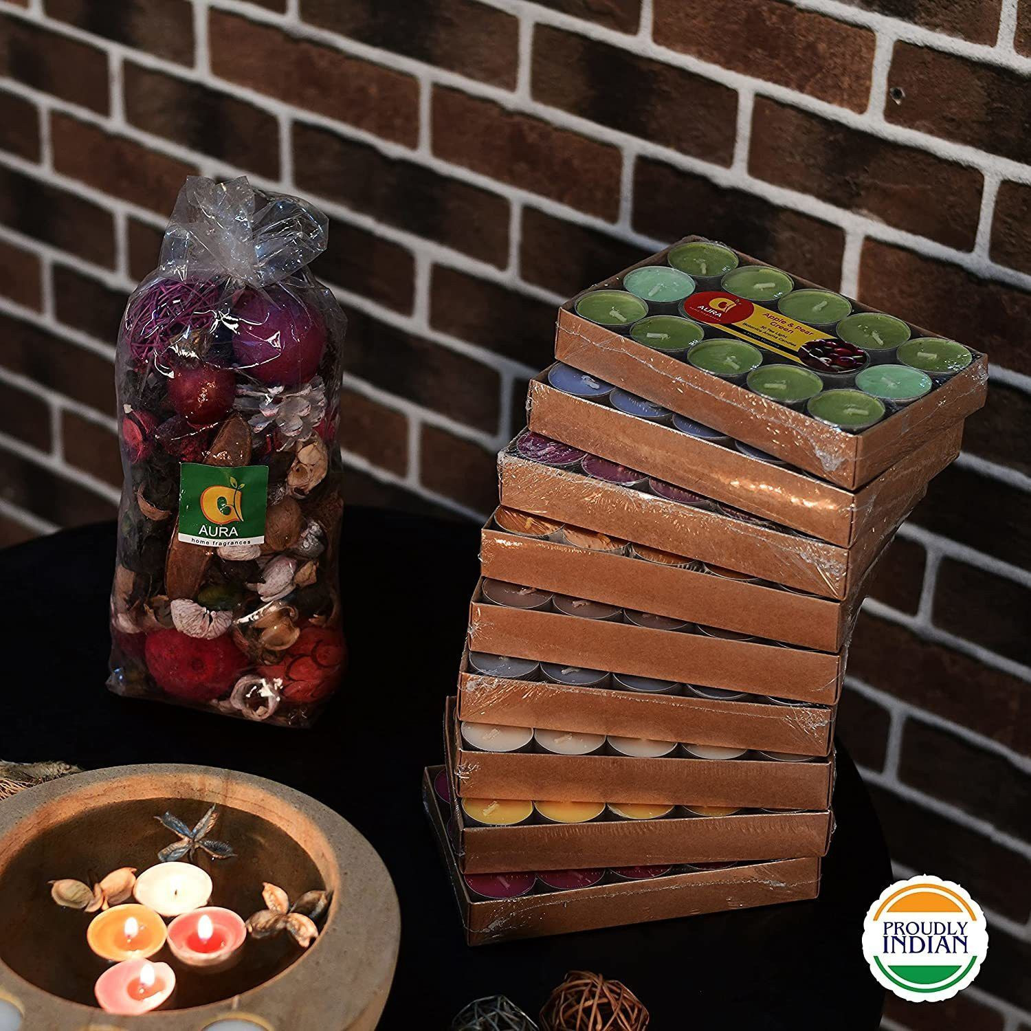 Aura Home Fragrances Botanica Natural Fragranced Tea Light Candle Smokeless Colored Soy Wax Candles for Aromatherapy with Free Lighter & Potpourri Pack of 270 Candle (Multicolor, Pack of 270)