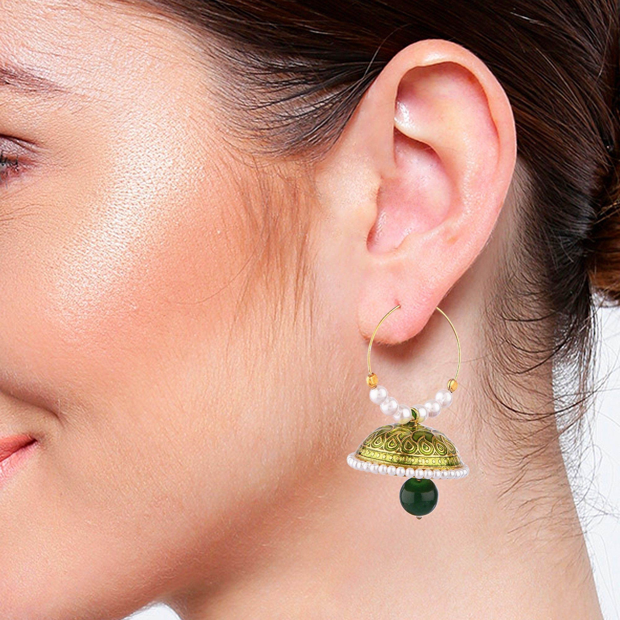 Prizetaa Green Meenakari With Pearl Drop Hoop Alloy Hoop Earring ()