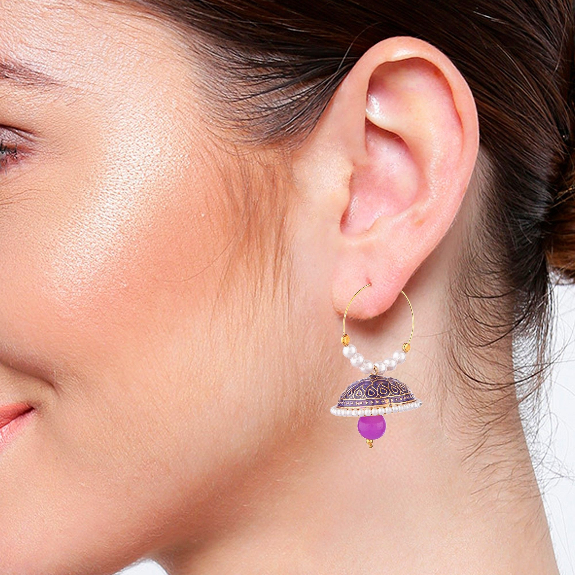 Prizetaa Purple Meenakari With Pearl Drop Hoop Alloy Hoop Earring ()