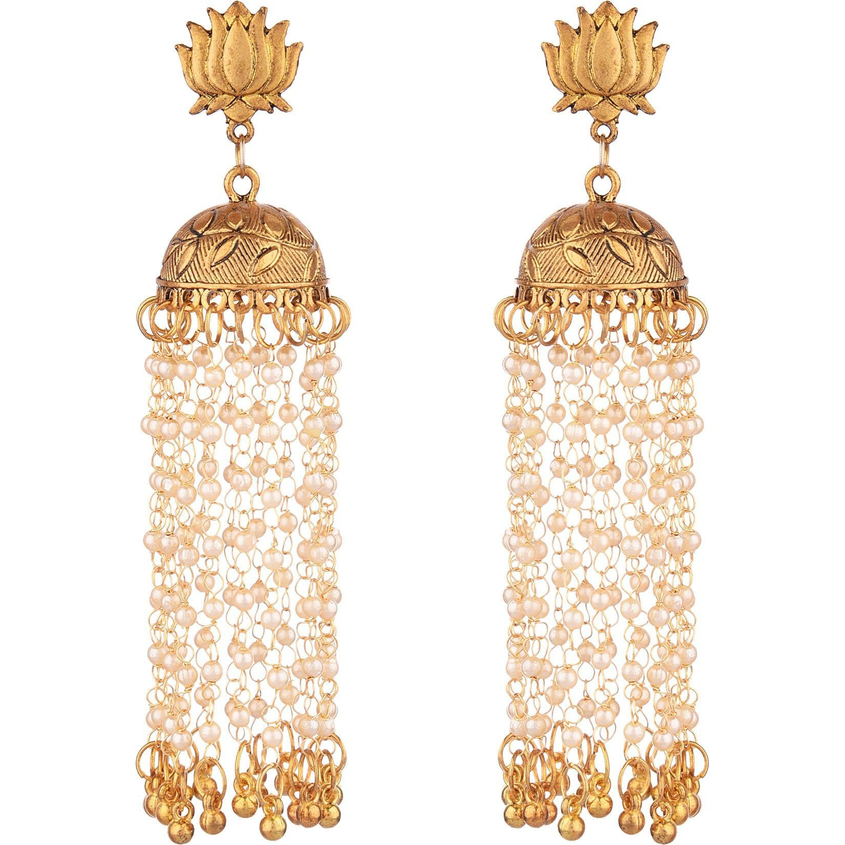 Prizetaa Golden And White Pearl Lotus With Long strand Traditional Dangler Alloy Jhumki Earring ()