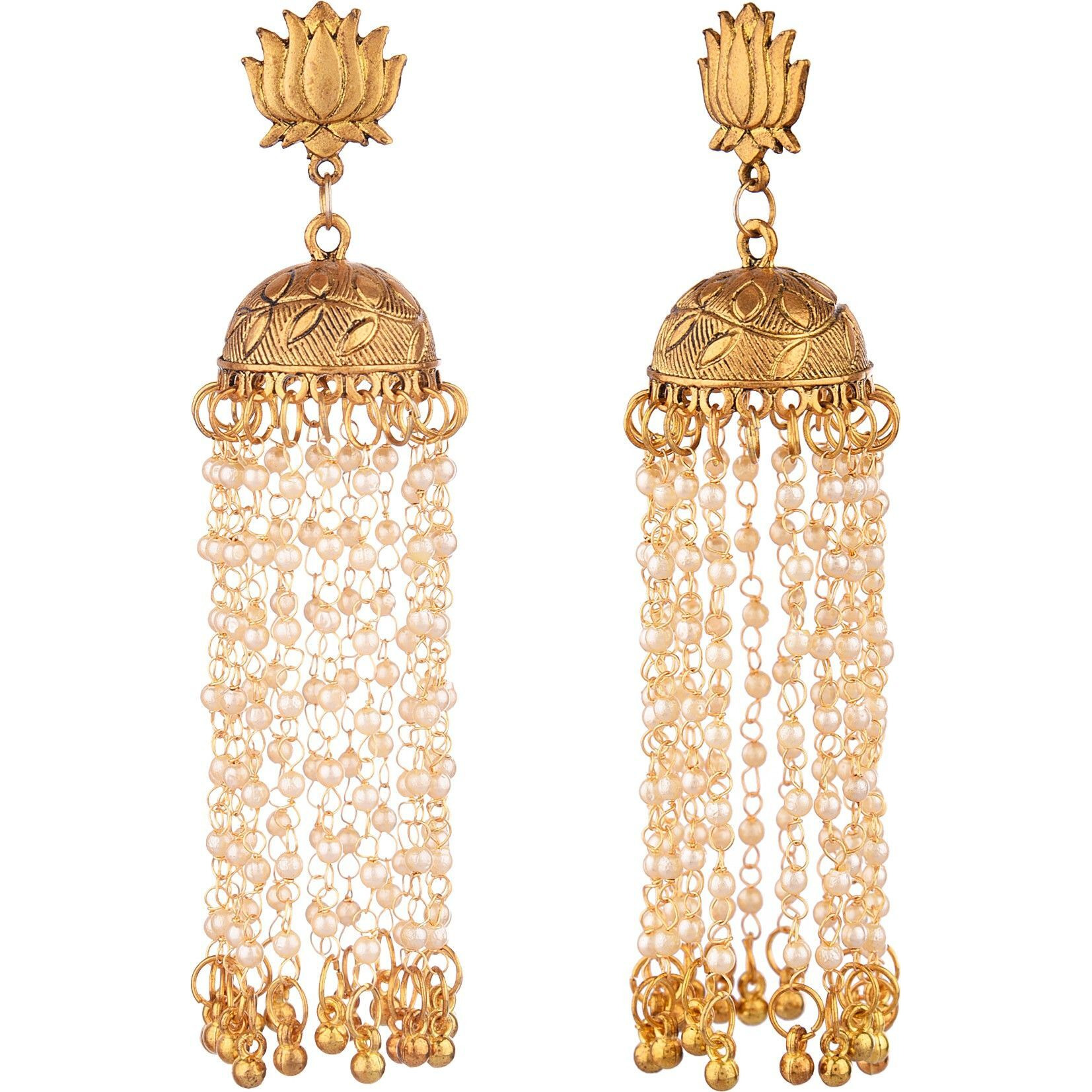 Prizetaa Golden And White Pearl Lotus With Long strand Traditional Dangler Alloy Jhumki Earring ()