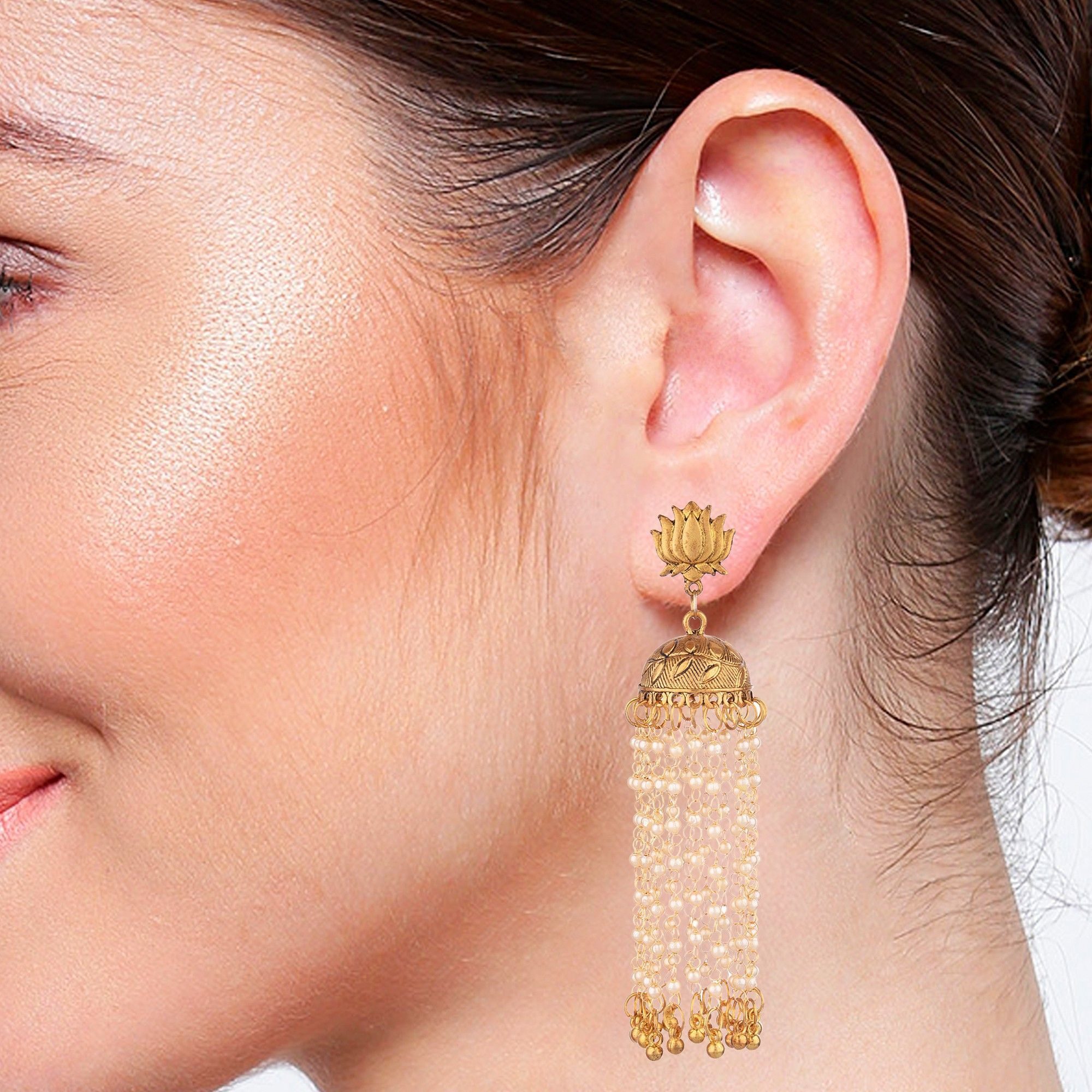 Prizetaa Golden And White Pearl Lotus With Long strand Traditional Dangler Alloy Jhumki Earring ()