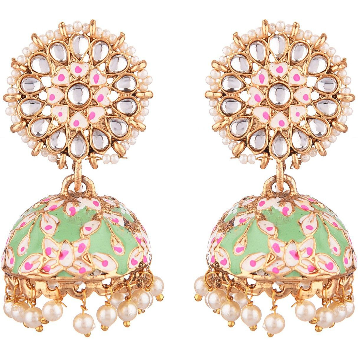 Prizetaa Green Meenakari With Pearl Jhumki Alloy Jhumki Earring ()