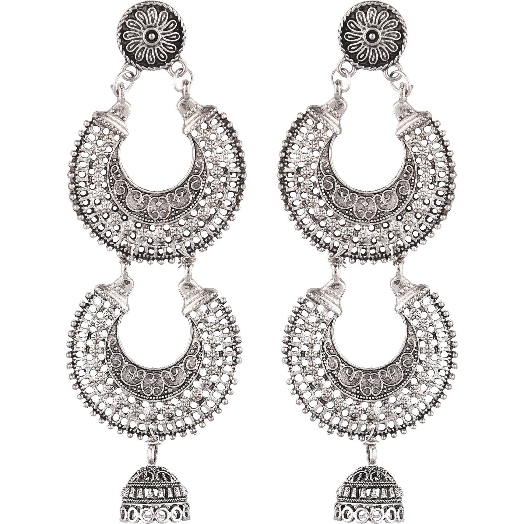 Prizetaa Silver Colour Double Chandbali Hook Alloy Drops & Danglers ()