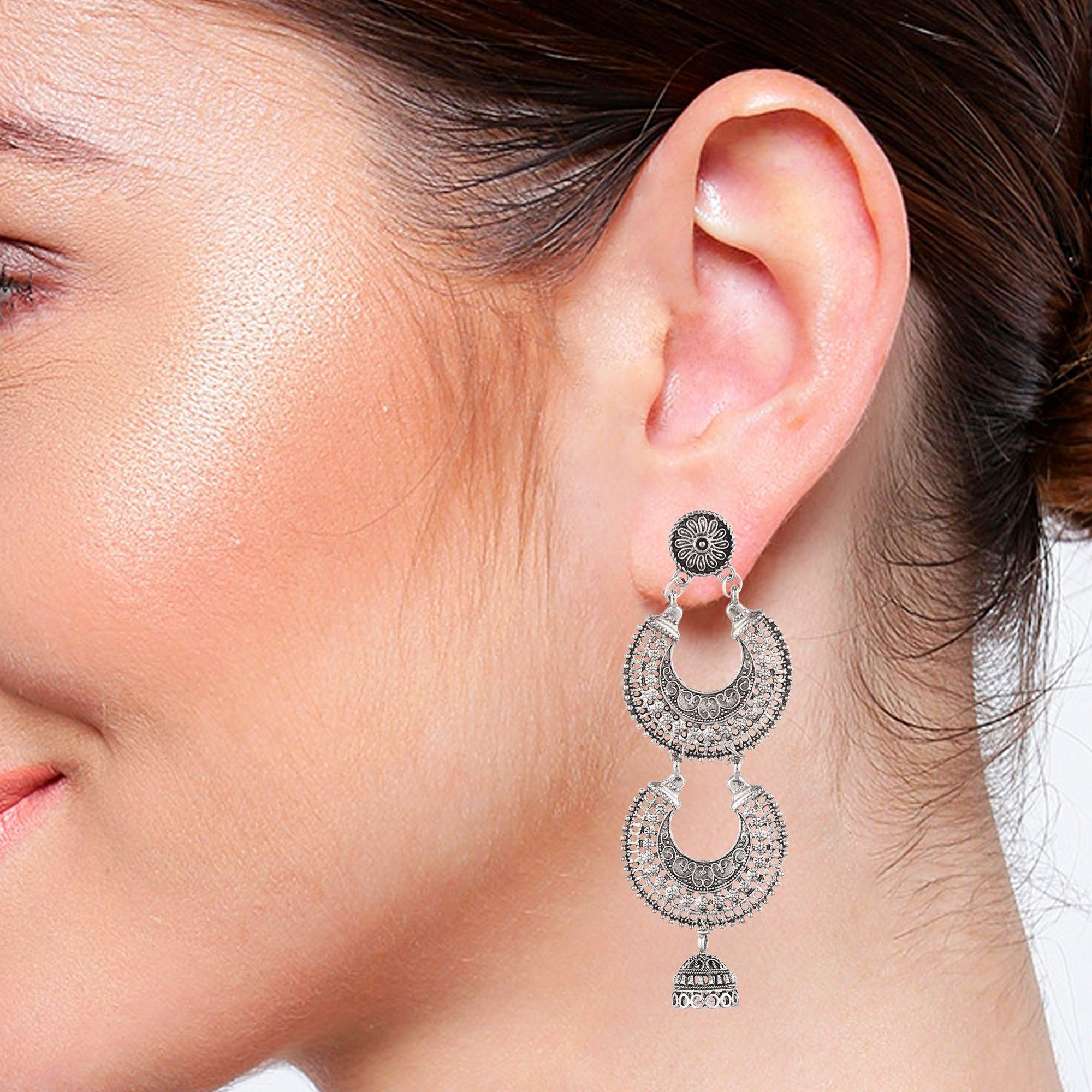 Prizetaa Silver Colour Double Chandbali Hook Alloy Drops & Danglers ()