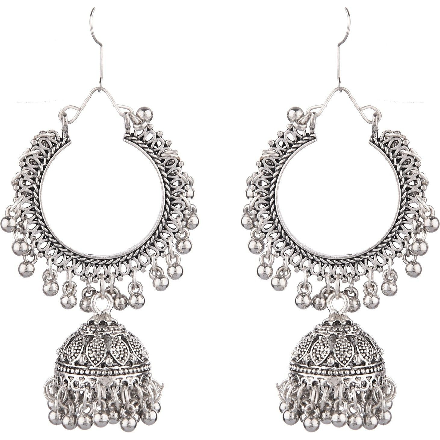 Prizetaa Silver Jhalar Chandbali Hook Jhumki Alloy Jhumki Earring ()