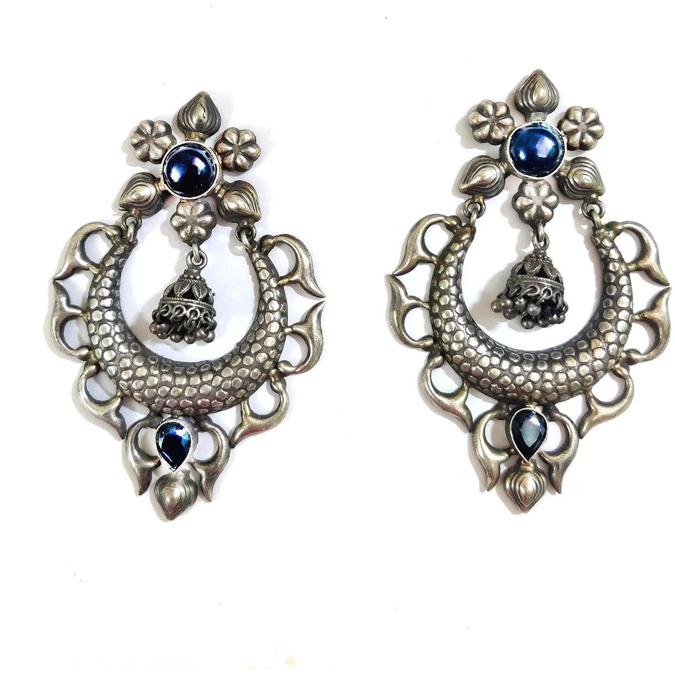Prizetaa Prizetaa Blue Floral Polki Chandbaali Dangler Earrings German Silver Drops & Danglers ()