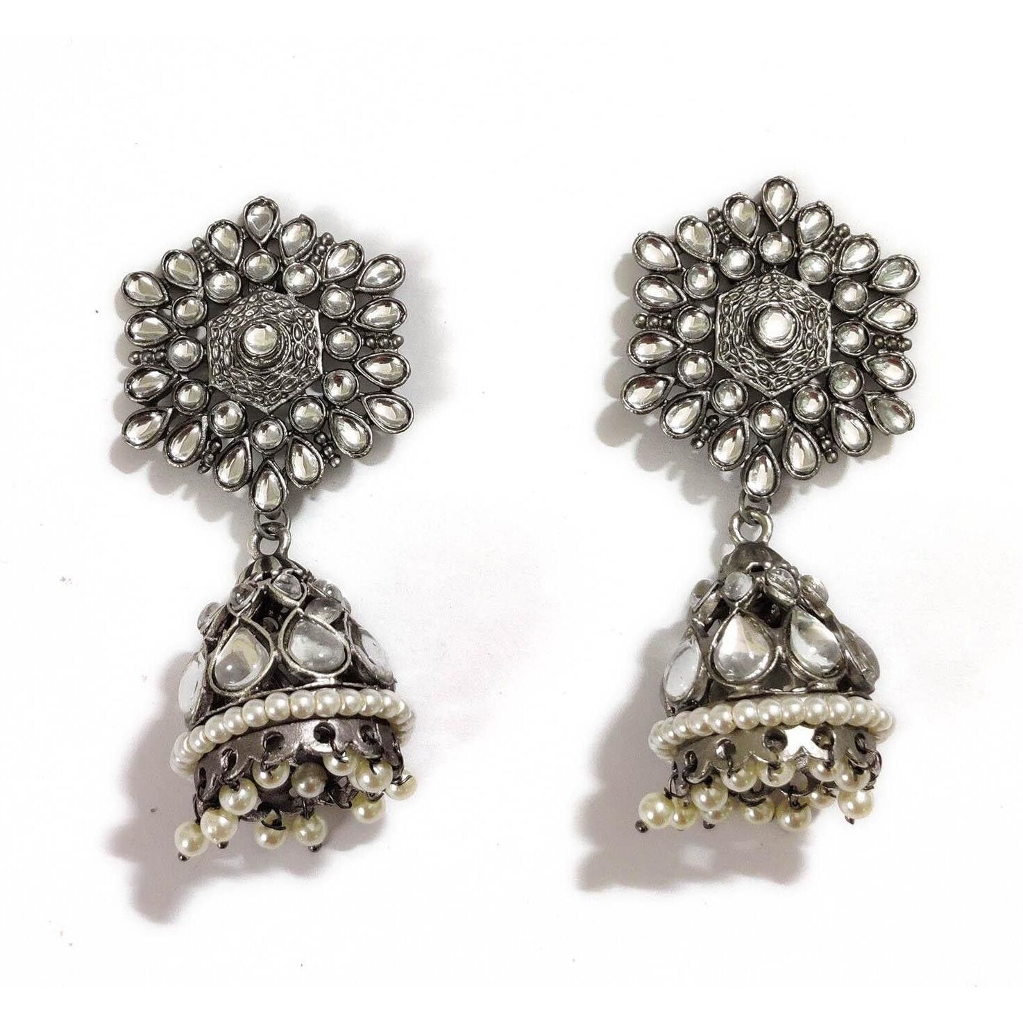 Prizetaa Prizetaa Hexagon White Pearl Floral Jumki Earrings German Silver Jhumki Earring ()