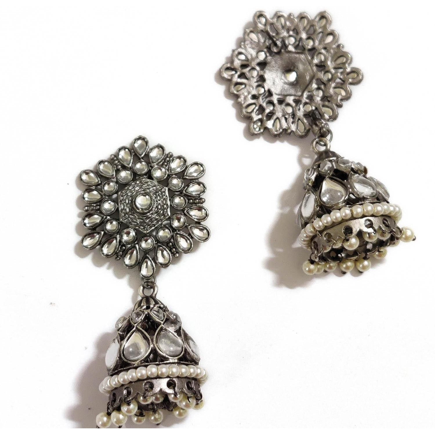 Prizetaa Prizetaa Hexagon White Pearl Floral Jumki Earrings German Silver Jhumki Earring ()