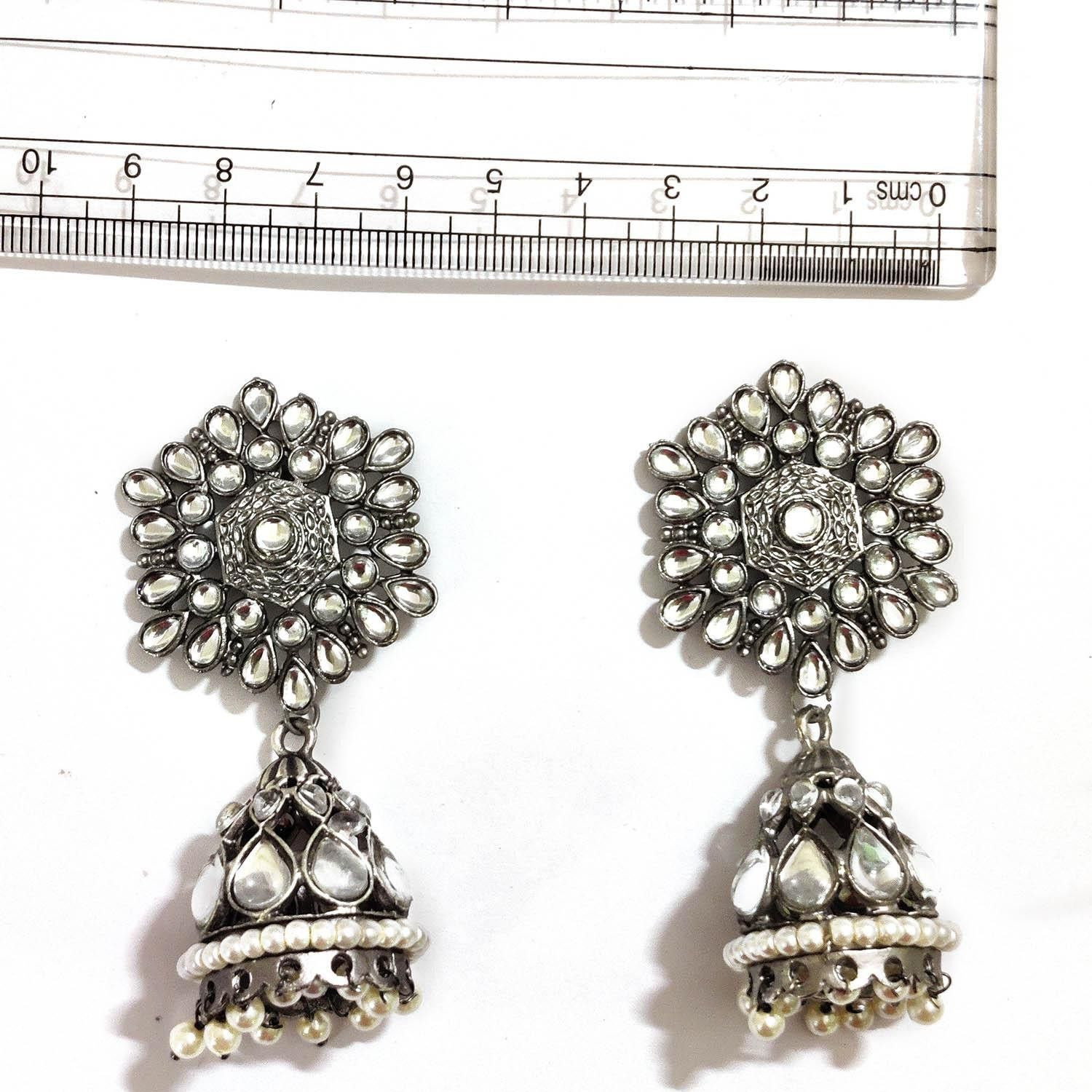 Prizetaa Prizetaa Hexagon White Pearl Floral Jumki Earrings German Silver Jhumki Earring ()