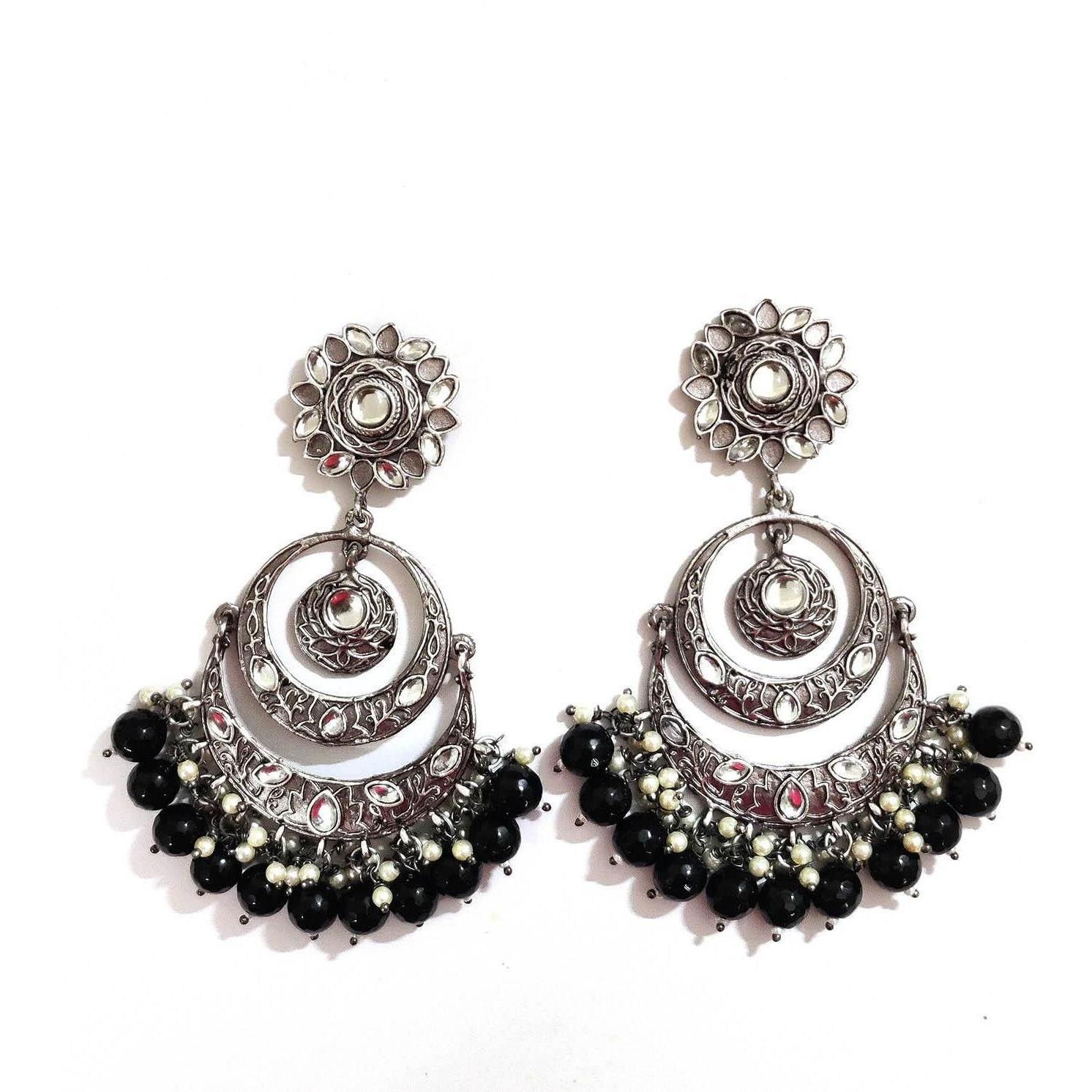 Prizetaa Prizetaa Black And White Pearl Polki Chandbaali Earrings German Silver Drops & Danglers ()