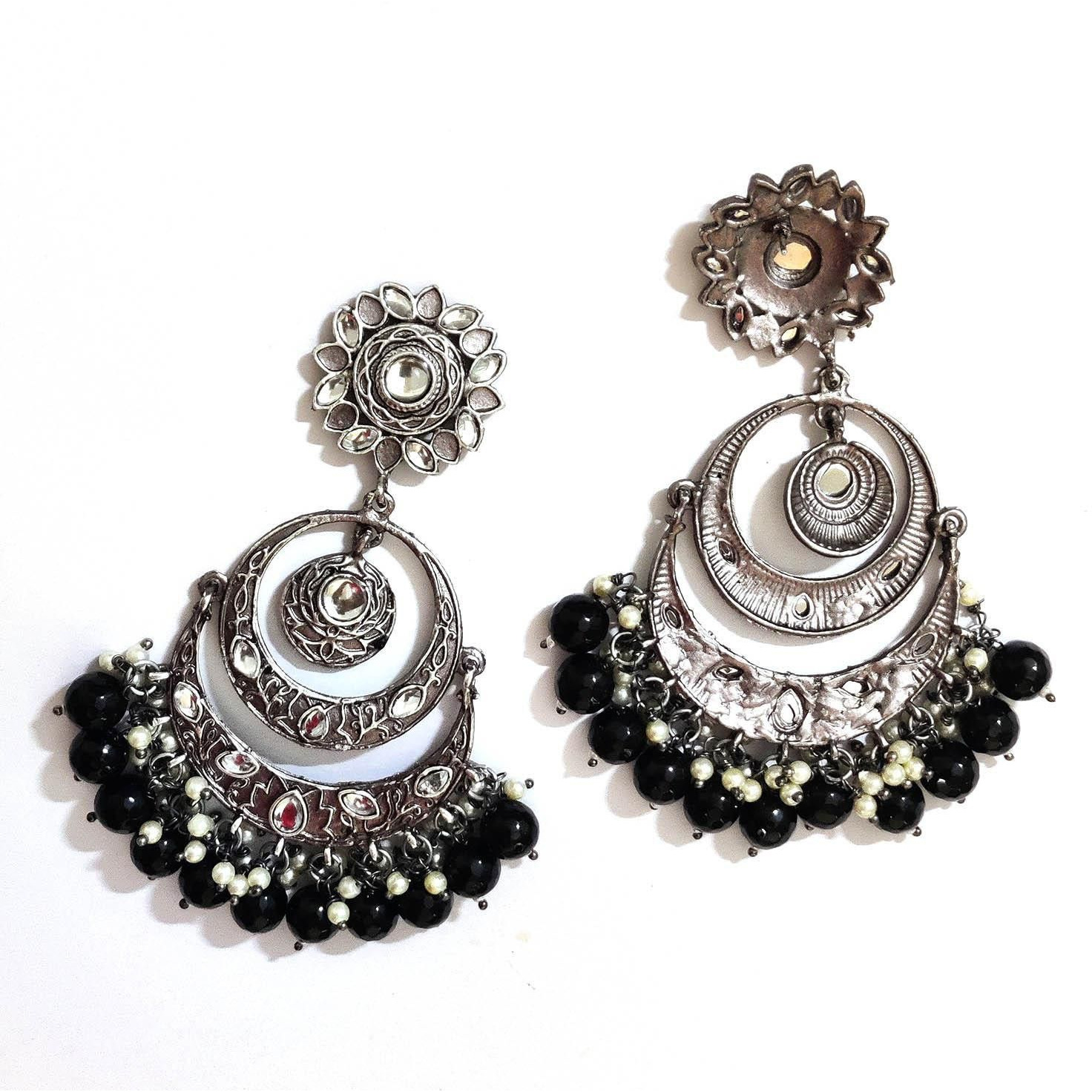 Prizetaa Prizetaa Black And White Pearl Polki Chandbaali Earrings German Silver Drops & Danglers ()