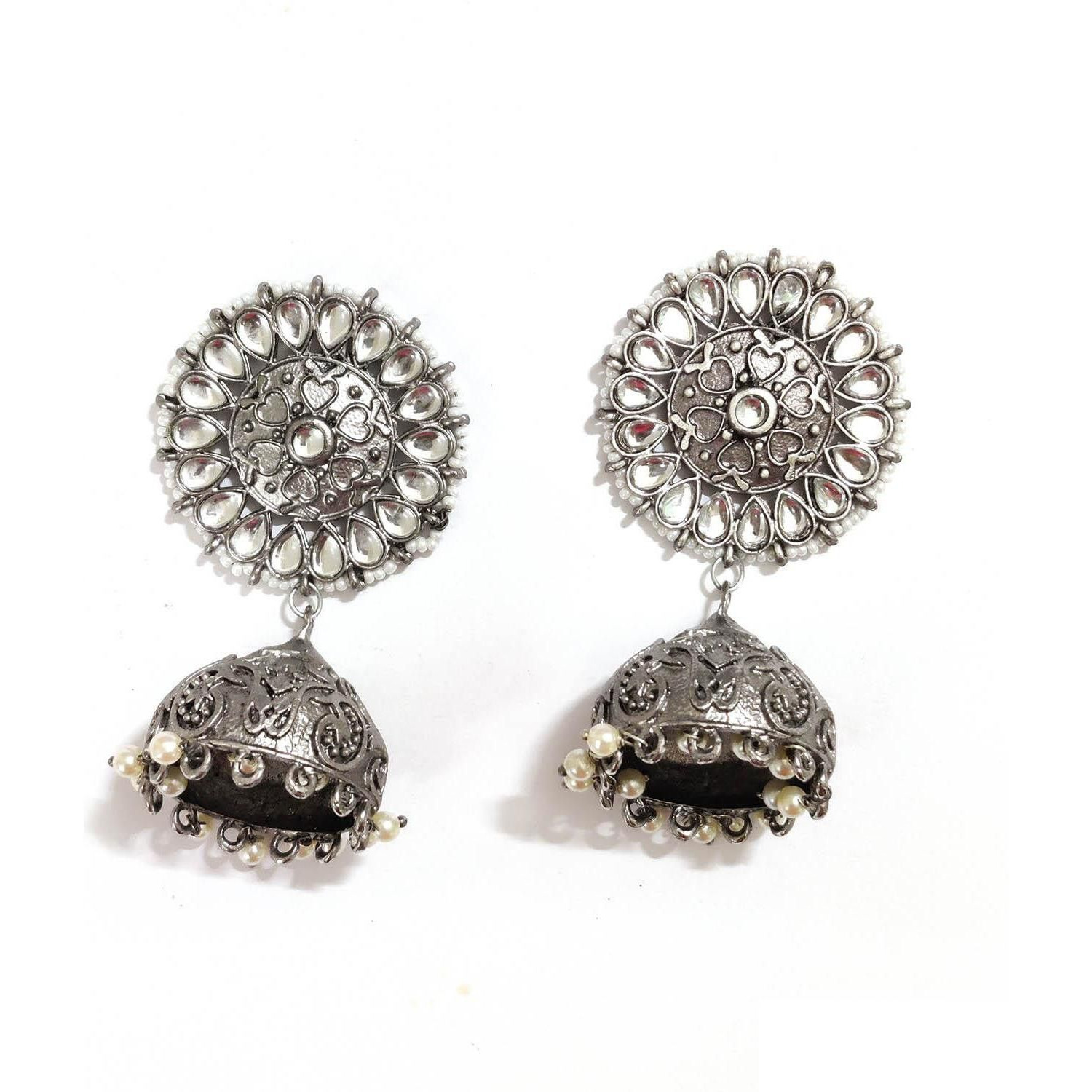 Prizetaa Prizetaa Round White Pearl Floral Jumki Earrings German Silver Jhumki Earring ()