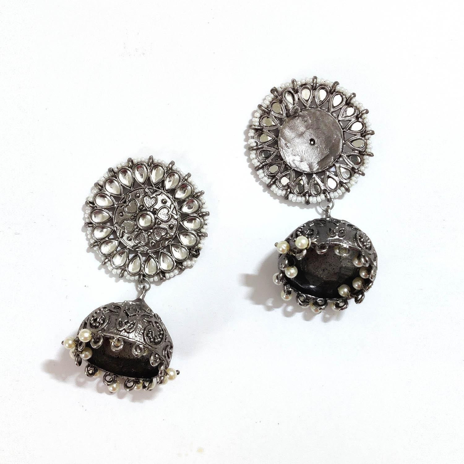 Prizetaa Prizetaa Round White Pearl Floral Jumki Earrings German Silver Jhumki Earring ()