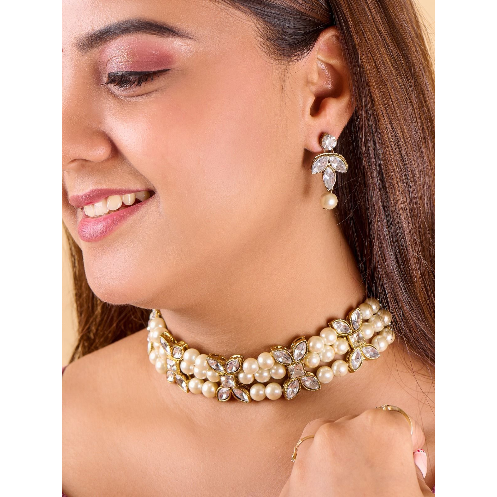 Prizetaa Alloy Gold-plated White Jewellery Set (Pack of 3)