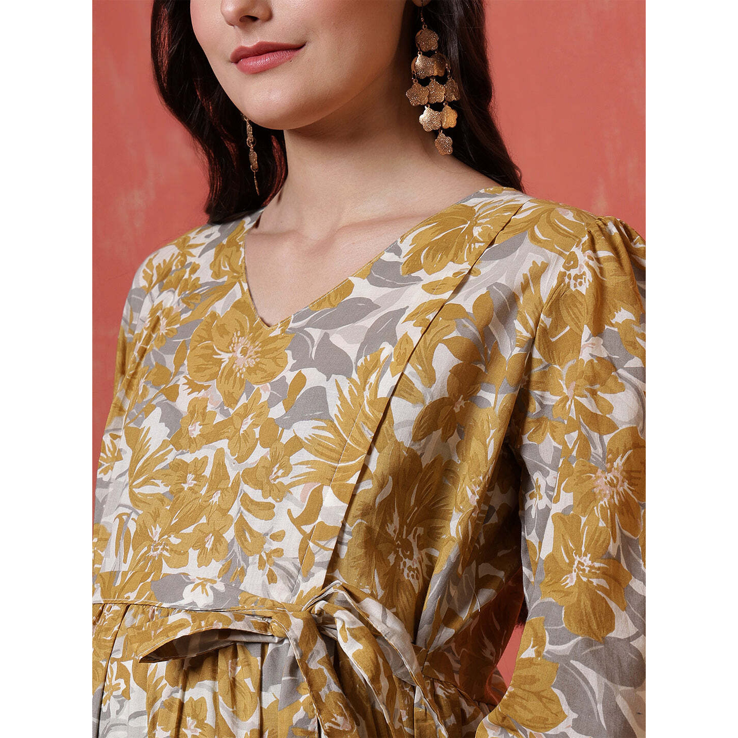 Mustard Printed Flared Maternity Dress for Women
