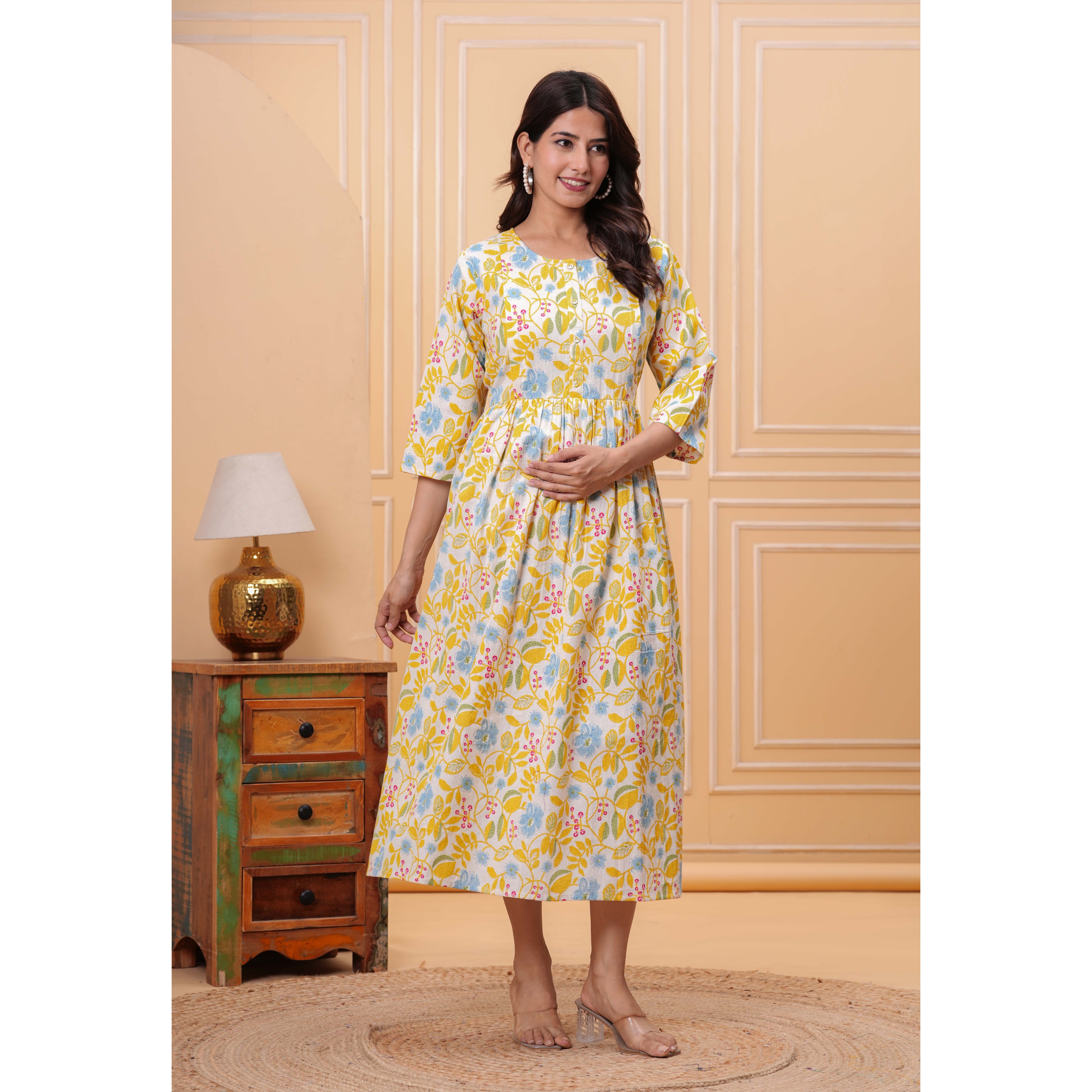 Yellow Floral Printed Flared Maternity Dress for Women