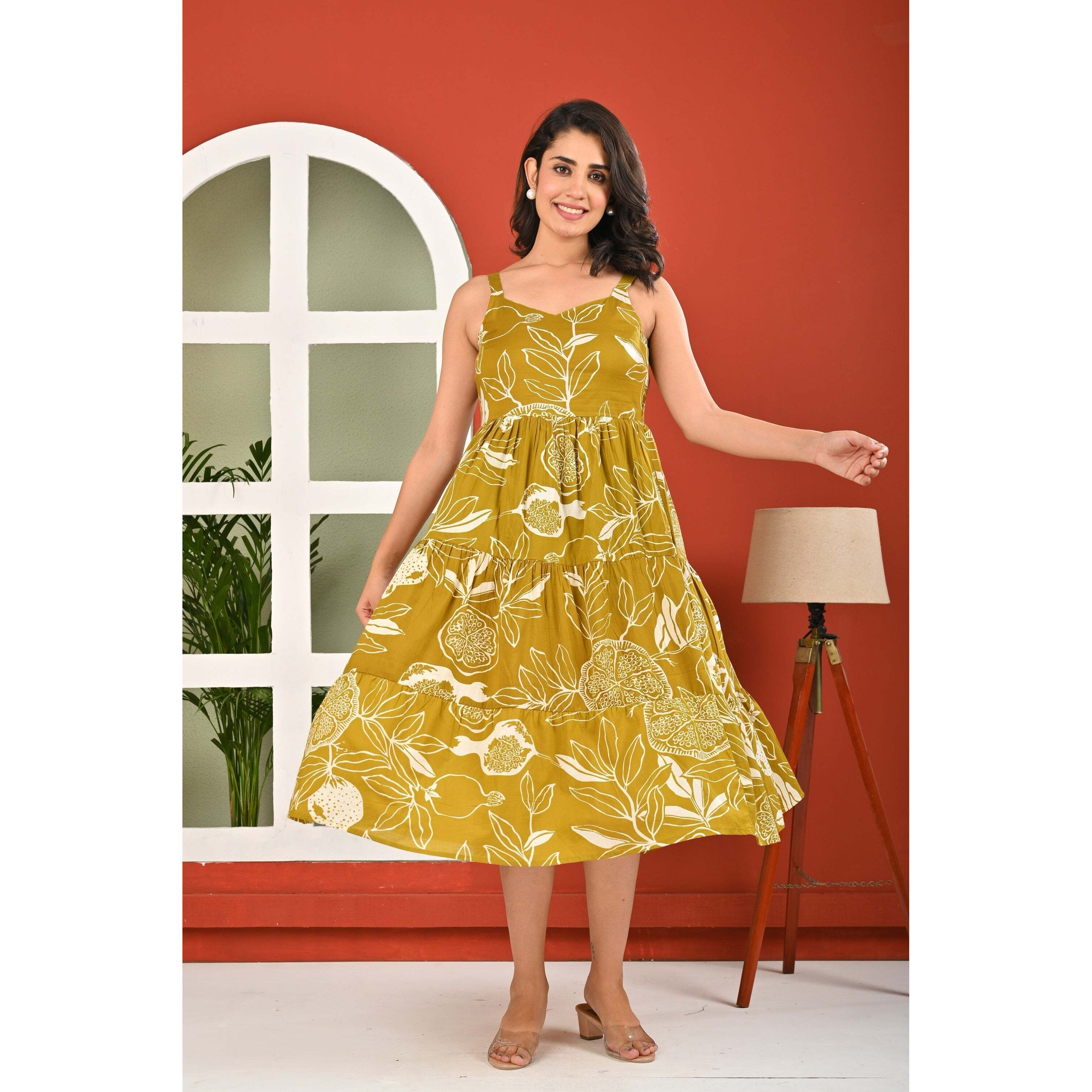 Olive Tropical Printed Dress for Women