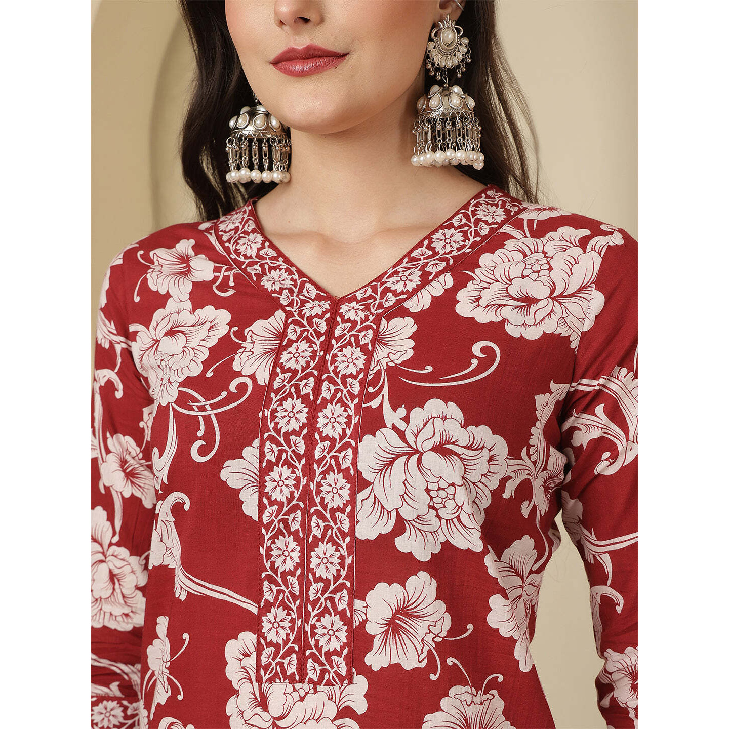 Maroon Printed Kurta Set with Dupatta for Women