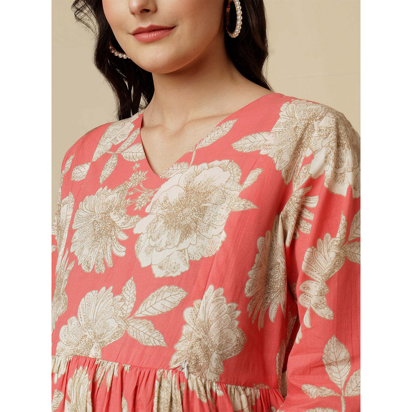 Peach Floral Printed Maternity Dress fro Women