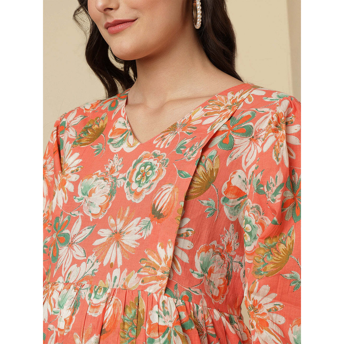 Peach Floral Printed Maternity Dress fro Women